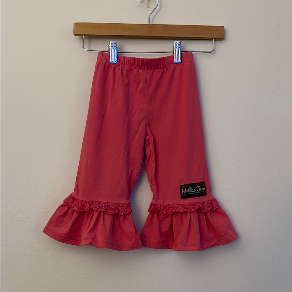 Matilda Jane Girls Coral Pink Ruffle Lace Trim Leggings Pants Size 2